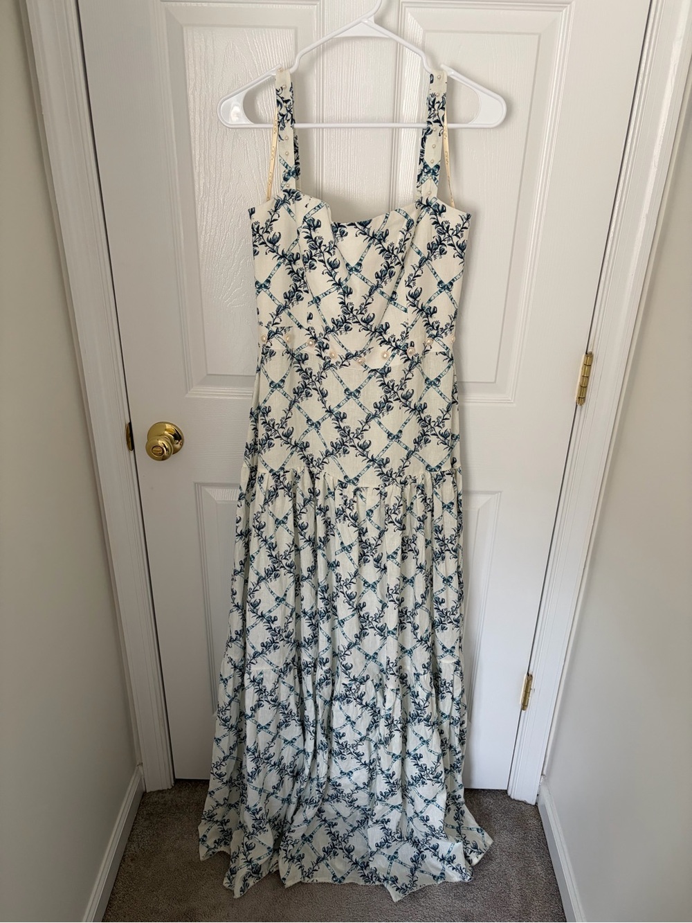AGUA by Agua Bendita Floral Maxi Dress in Cream and Navy Linen (M)